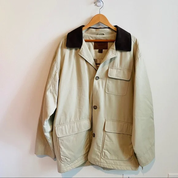 OUTFITTERS Roundtree & Yourke Tan Field Jacket w Brown Leather Collar Size L NWT